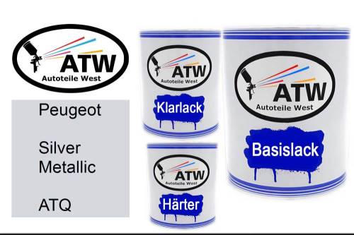 Peugeot, Silver Metallic, ATQ: 1L Lackdose + 1L Klarlack + 500ml Härter - Set, von ATW Autoteile West.